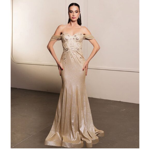 Gold Formal Long Sweetheart Draped Sleeves Mermaid Dress By May Queen MQ2104 - Picture 1 of 4